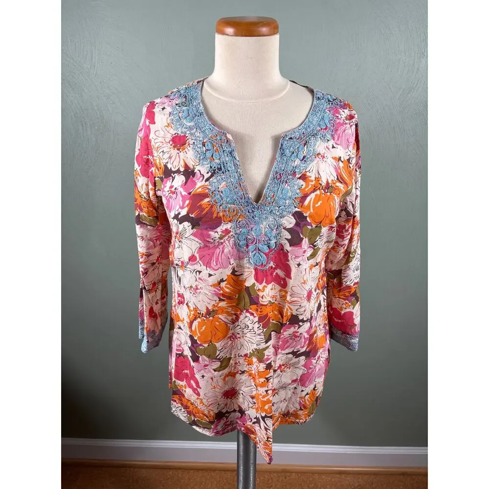 Sundance Womens Medium Cotton Split Neck 3/4 Sleeve Embroidered Tunic Top Blouse